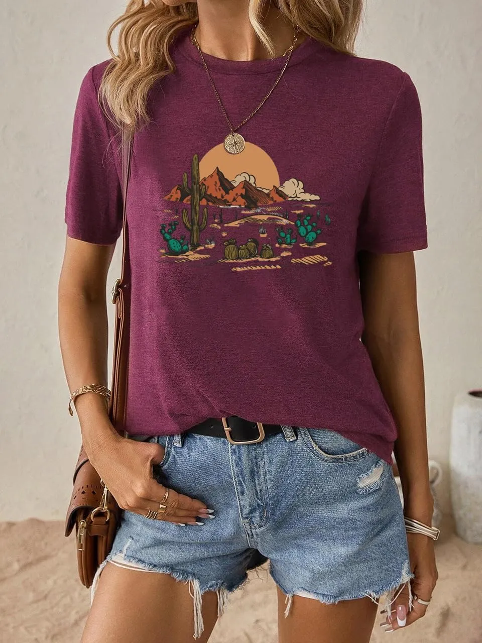Women Adventure Shirts Western Retro Sunrise Desert T Shirt Funny Summer Climbing Short Sleeve Tee Tops
