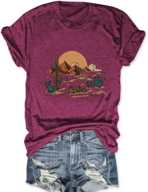 Women Adventure Shirts Western Retro Sunrise Desert T Shirt Funny Summer Climbing Short Sleeve Tee Tops