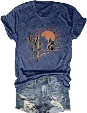 Women Adventure Shirts Western Retro Sunrise Desert T Shirt Funny Summer Climbing Short Sleeve Tee Tops