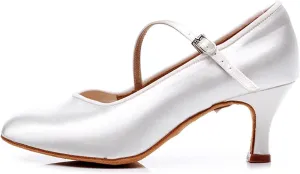 Women Closed Toe Ballroom Shoes, Closed Toe Satin Latin Dance Salsa Tango Dancing Shoes, for Party (Color : White 6.5cm, Size : 5)