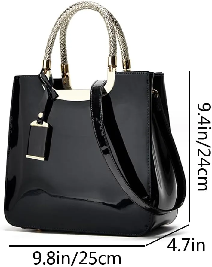Women Elegant Top Handle Handbag Totes Purse Glossy Patent PU Leather Satchel Shoulder Bag