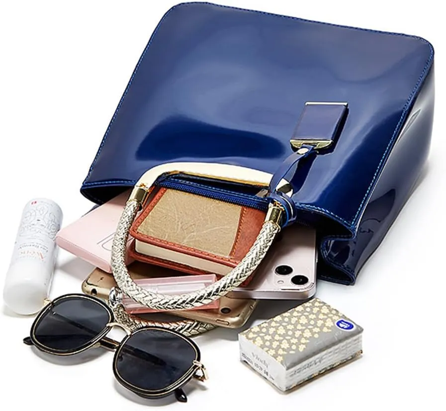 Women Elegant Top Handle Handbag Totes Purse Glossy Patent PU Leather Satchel Shoulder Bag