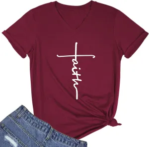 Women Faith Graphic V-Neck Cute Tee Shirts Tops
