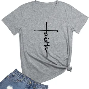 Women Faith Graphic V-Neck Cute Tee Shirts Tops
