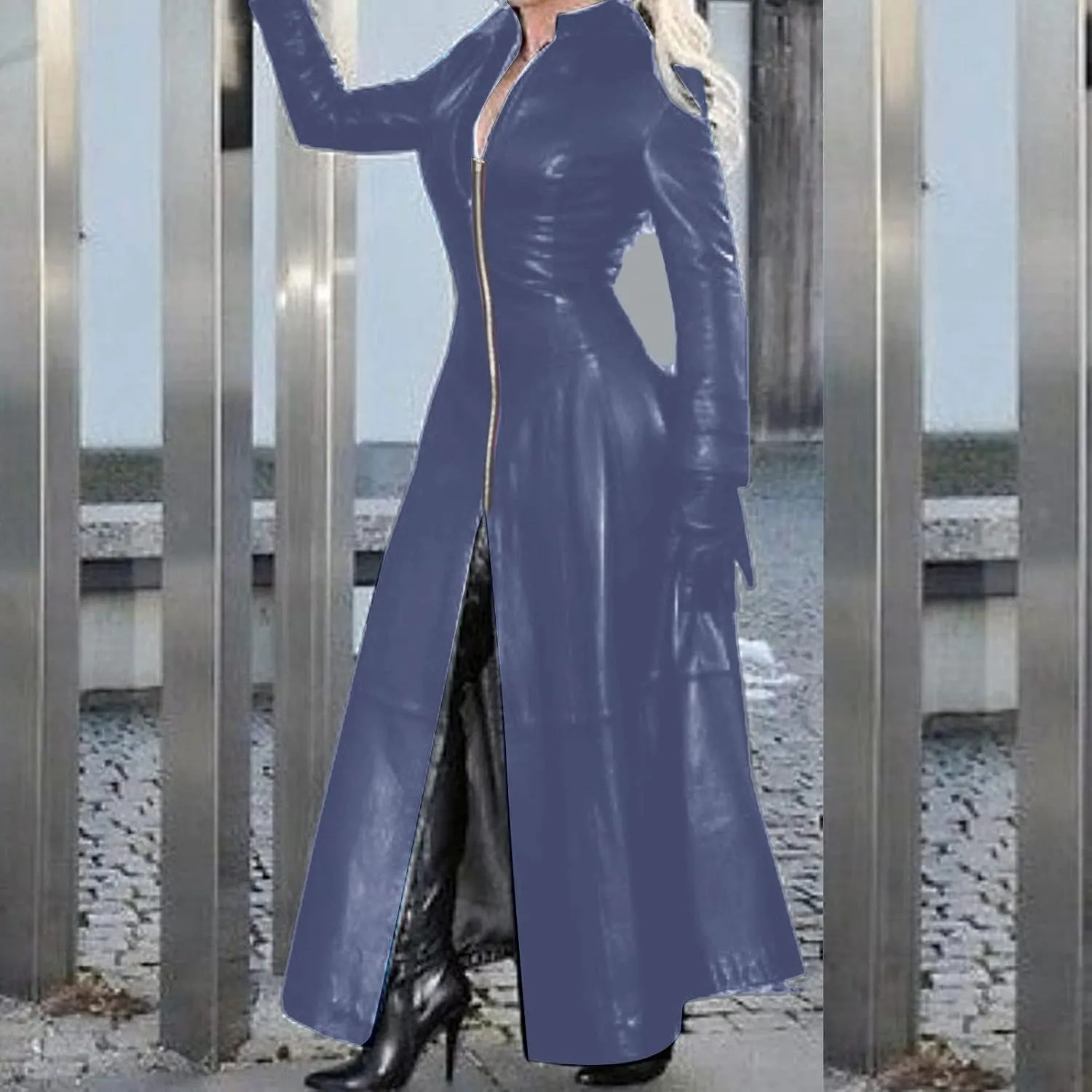 Women Faux Leather Long Trench Coat Sexy Zip Up Jackets Faux Pu Long Sleeve Bodycon Dress Maxi Streetwear