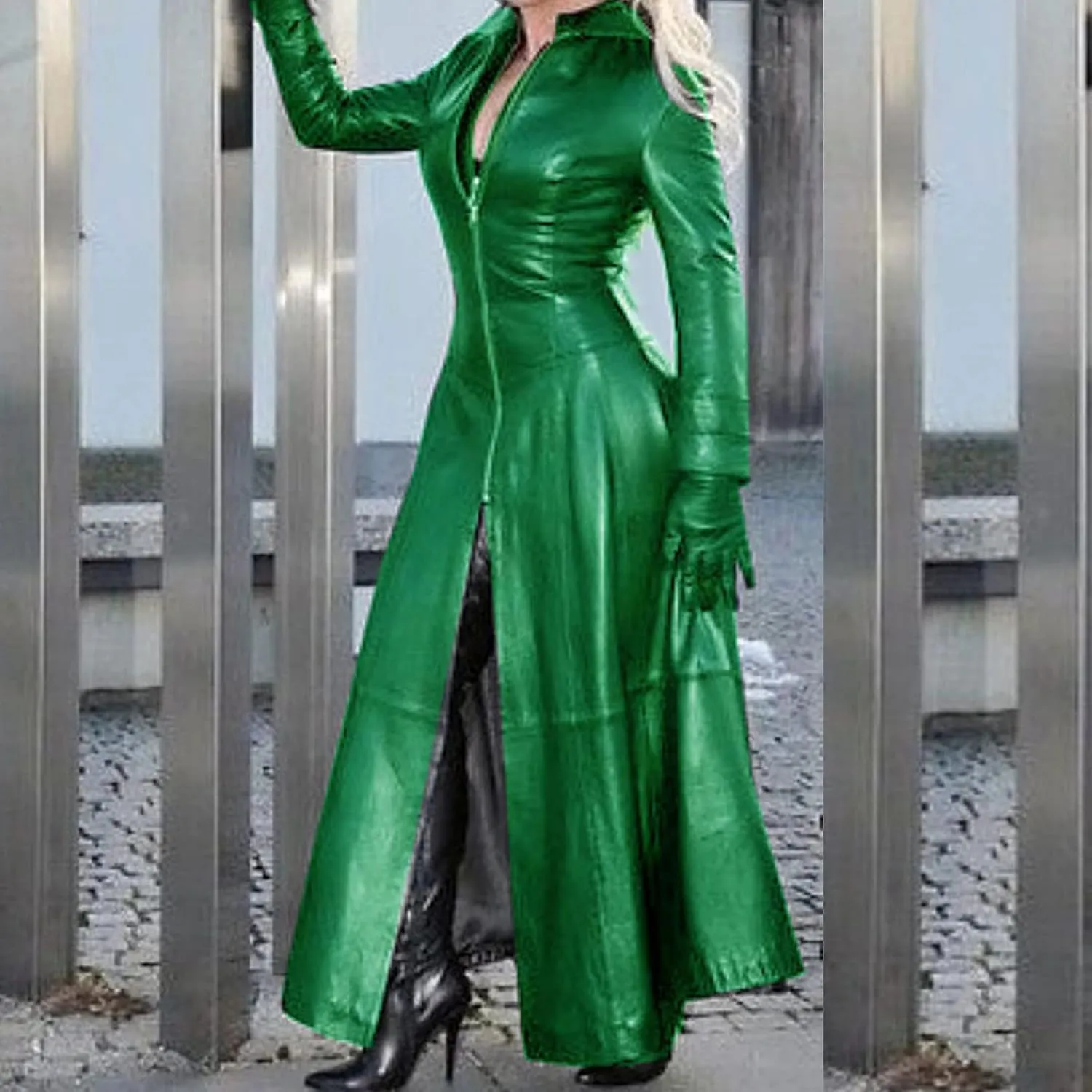 Women Faux Leather Long Trench Coat Sexy Zip Up Jackets Faux Pu Long Sleeve Bodycon Dress Maxi Streetwear