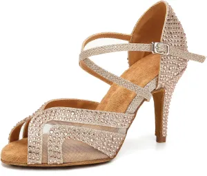 Women Latin Salsa Dance Heels Rhinestones Ballroom Wedding Perfermence Dancing Shoes,Model QRX1025