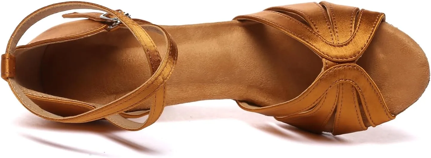 Women Latin Salsa Dance Shoes Open Toe Satin Professional Ballroom Practice Dancing Shoes Model D48