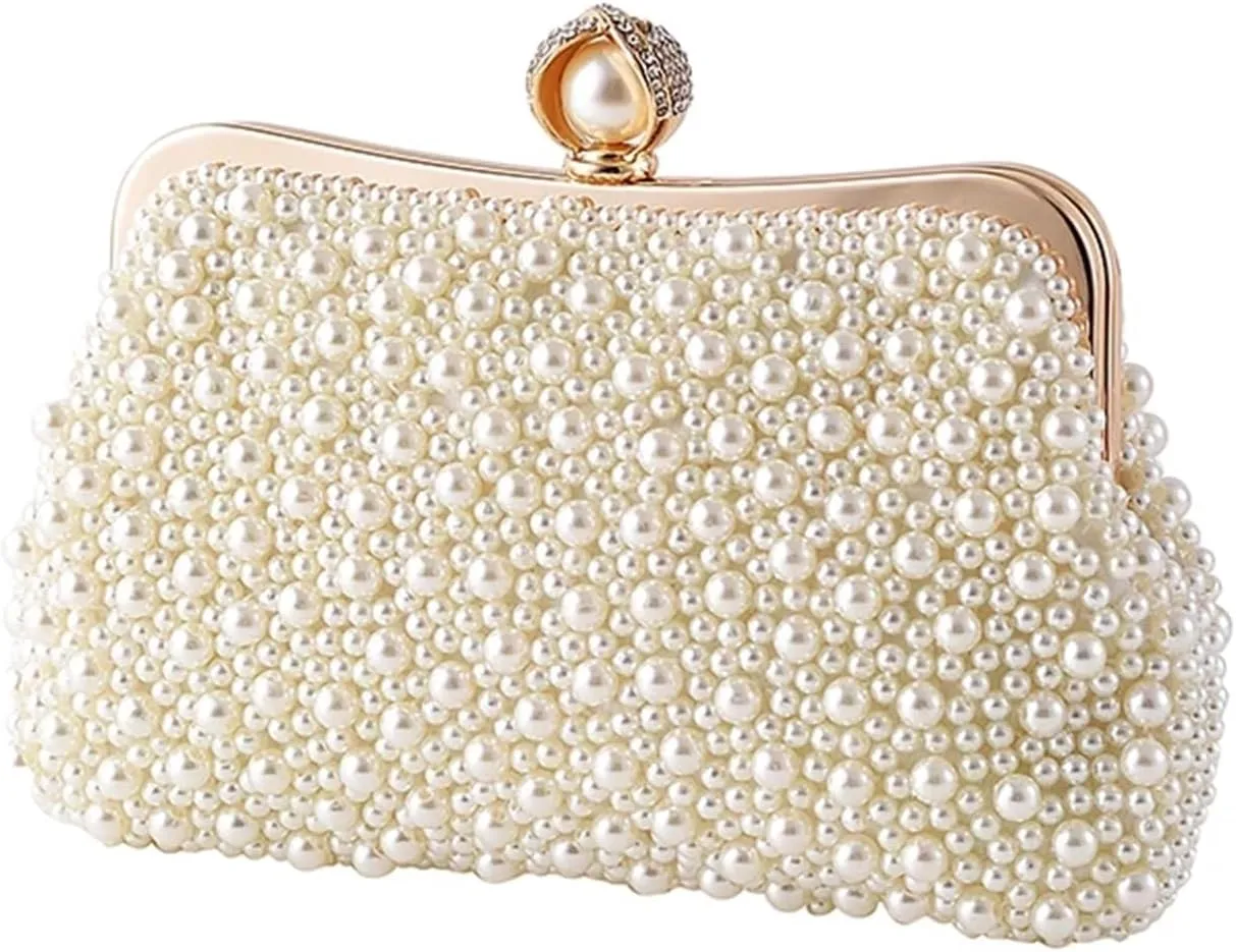 Women Pearl Clutch Bag Women's Crystals Pearls Polyester Alloy Evening Bag Solid Color Beige for Wedding Bride Party