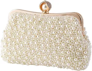 Women Pearl Clutch Bag Women's Crystals Pearls Polyester Alloy Evening Bag Solid Color Beige for Wedding Bride Party