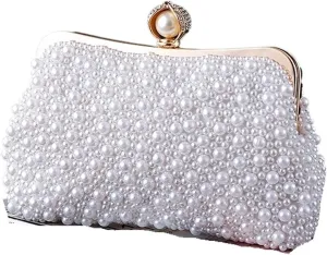Women Pearl Clutch Bag Women's Crystals Pearls Polyester Alloy Evening Bag Solid Color Beige for Wedding Bride Party