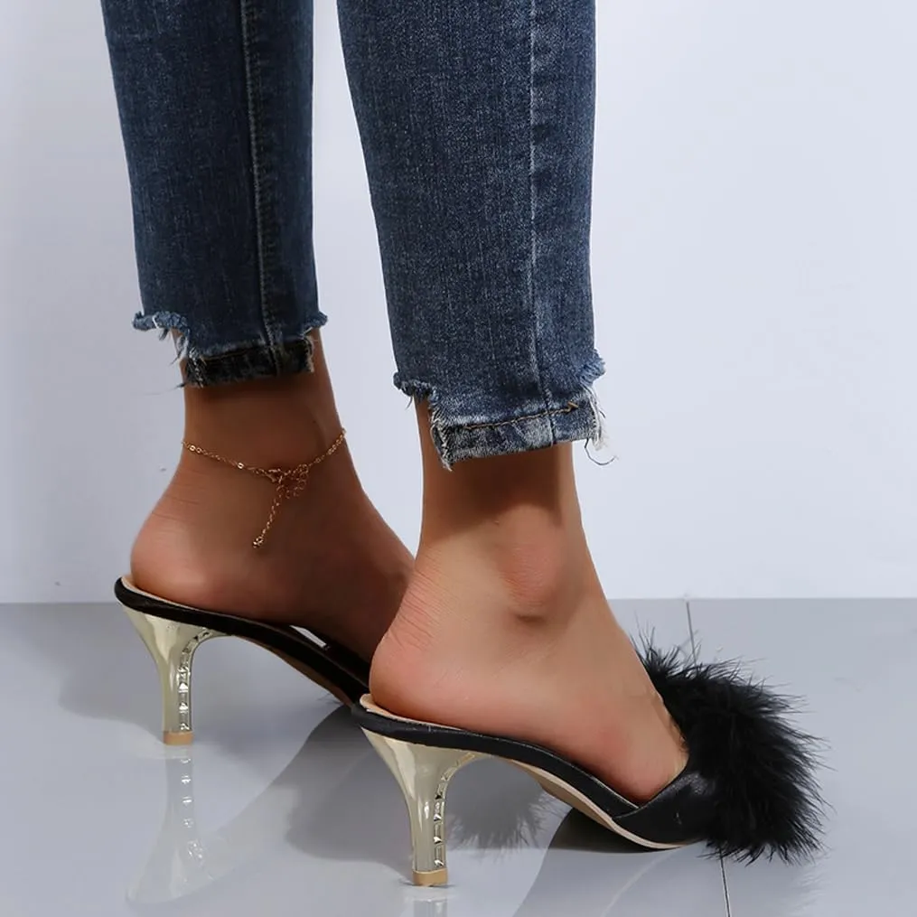 Women Sexy Slipper Cute Fuzzy Heels Furry Kitten Heels for Lingerie Wedding Birthday