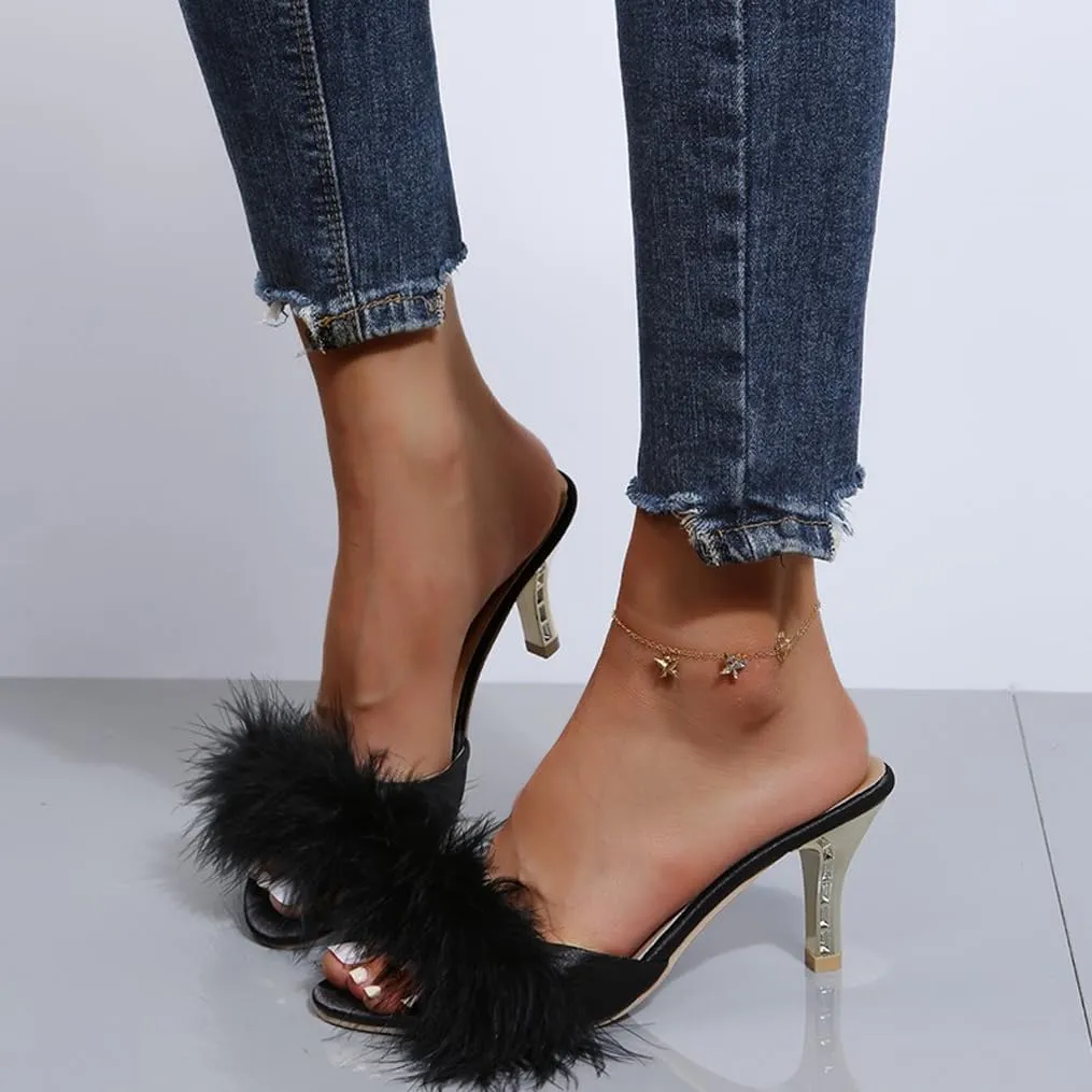 Women Sexy Slipper Cute Fuzzy Heels Furry Kitten Heels for Lingerie Wedding Birthday