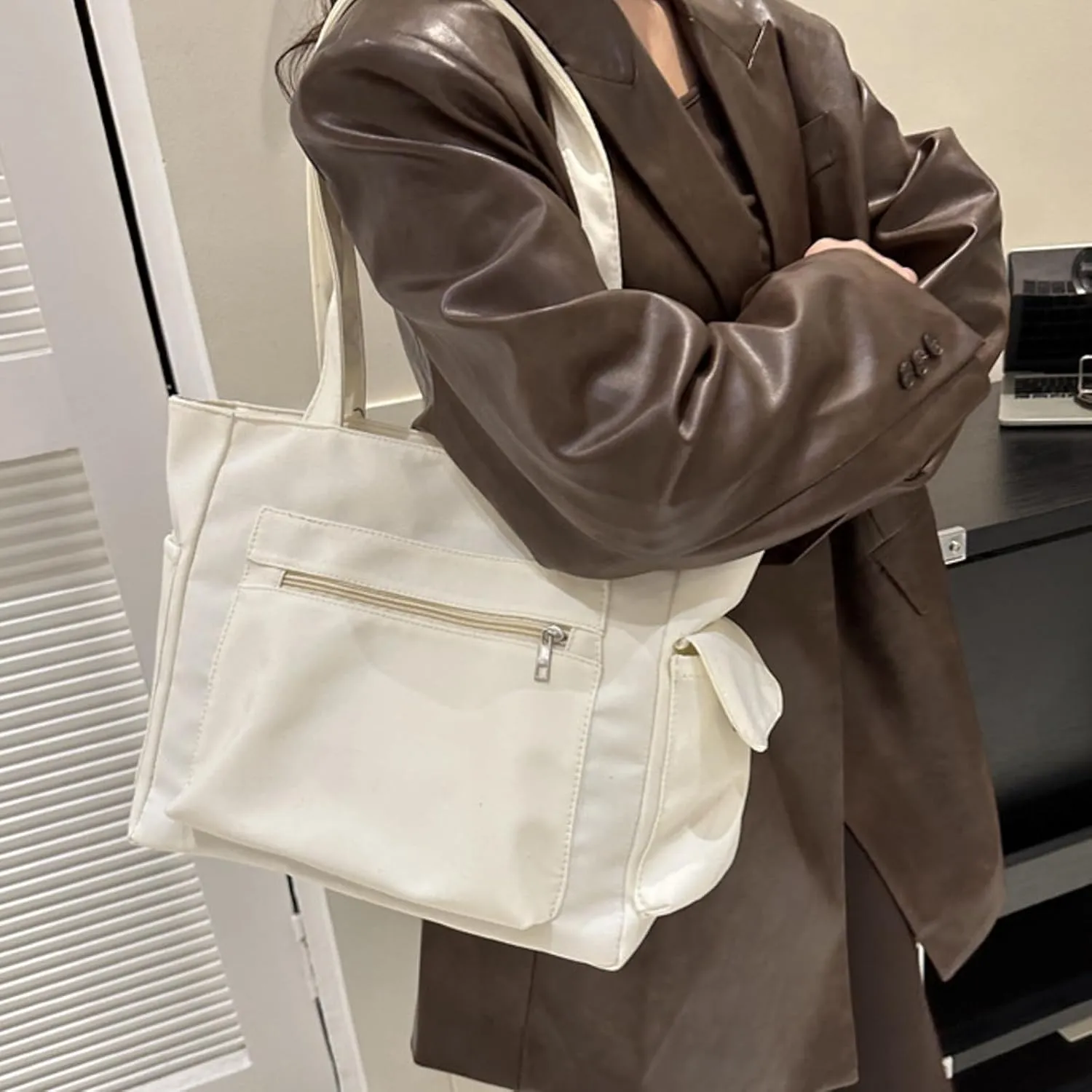 Women Shoulder Bags Fashion New Pattern Simple Solid Color Large Capacity Casual Practical Zipper Bag (White, One Size)