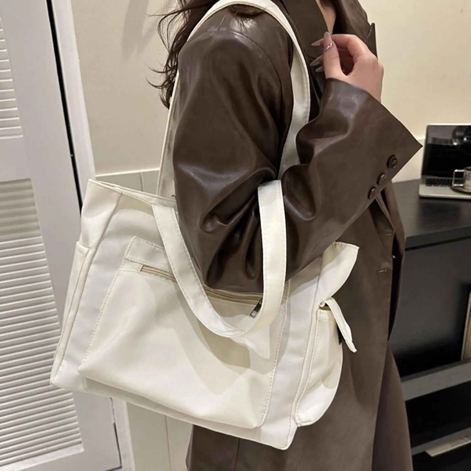 Women Shoulder Bags Fashion New Pattern Simple Solid Color Large Capacity Casual Practical Zipper Bag (White, One Size)