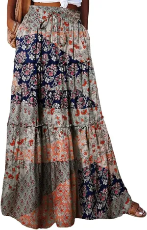 Women Skirt High WAIS Flowy Maxi Skirt Bohemian A-Line Tube Dress Floral Print Casual Smocked 2025 Summer Skirts