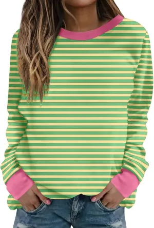 Women Striped Crewneck Sweatshirts Trendy 2024 Pullover Tops Long Sleeve Preppy Shirts Fall Fashion Clothing