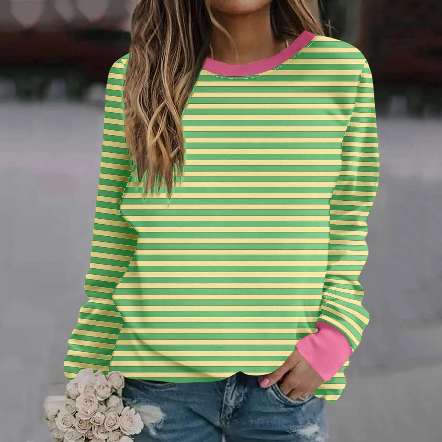 Women Striped Crewneck Sweatshirts Trendy 2024 Pullover Tops Long Sleeve Preppy Shirts Fall Fashion Clothing