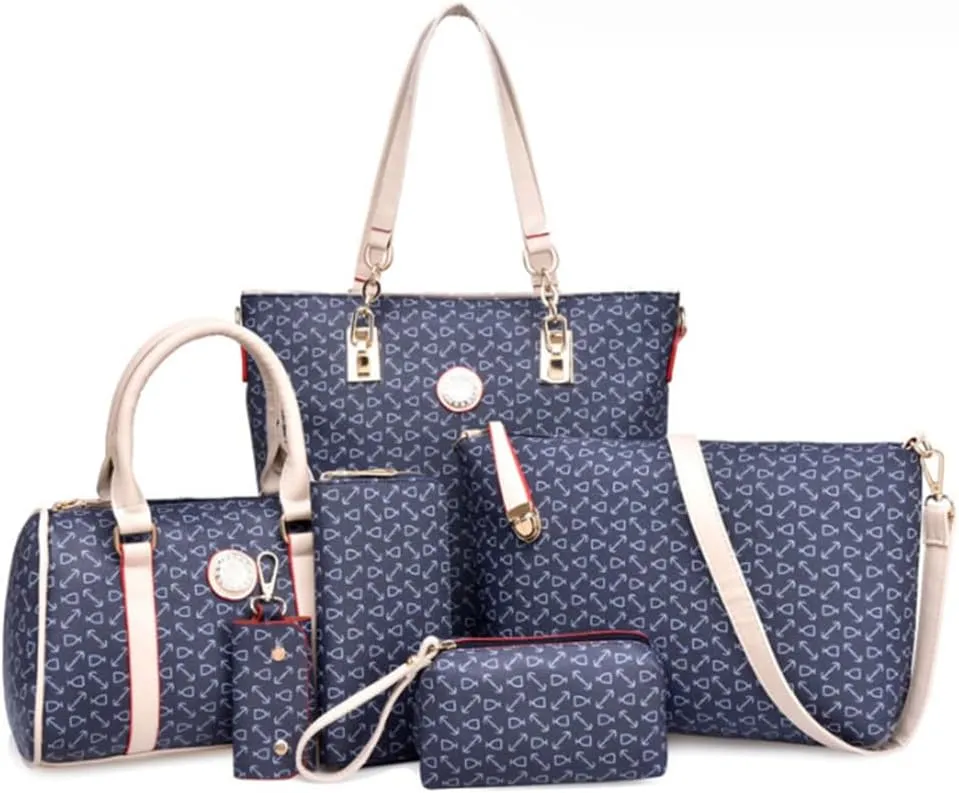 Women Totes Purse Satchel 6pcs Faux Leather Arrow Printing Handbag Shoulder Bag Clutch Wallet