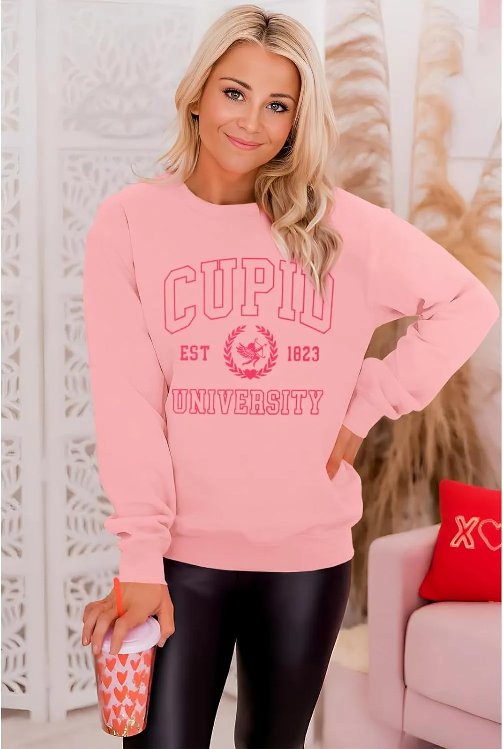 Women Valentine's Day Sweatshirt Retro Cupid University Love Graphic Sweater Shirts Crewneck Oversized Pullover Top