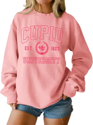 Women Valentine's Day Sweatshirt Retro Cupid University Love Graphic Sweater Shirts Crewneck Oversized Pullover Top