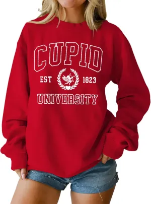 Women Valentine's Day Sweatshirt Retro Cupid University Love Graphic Sweater Shirts Crewneck Oversized Pullover Top