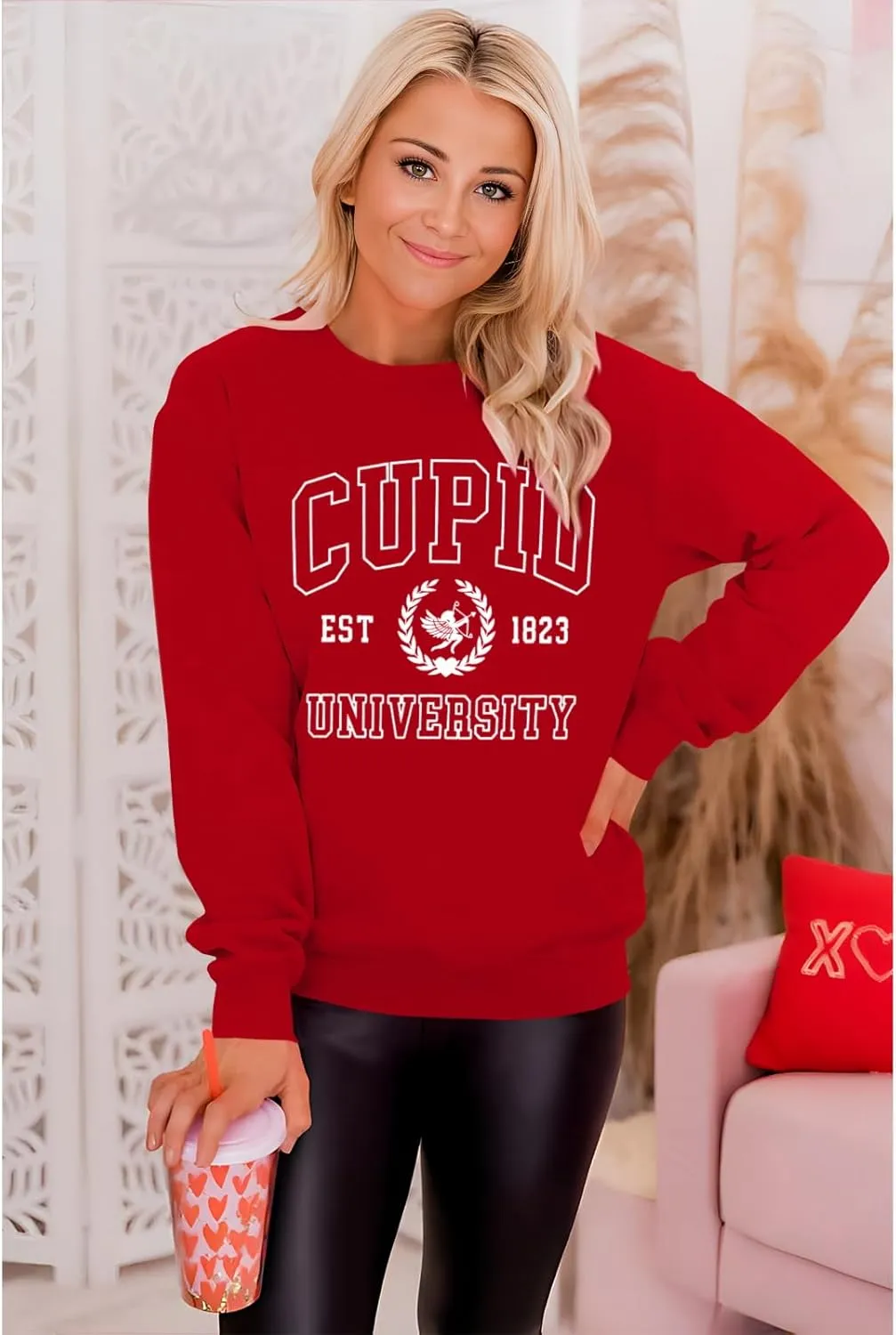 Women Valentine's Day Sweatshirt Retro Cupid University Love Graphic Sweater Shirts Crewneck Oversized Pullover Top