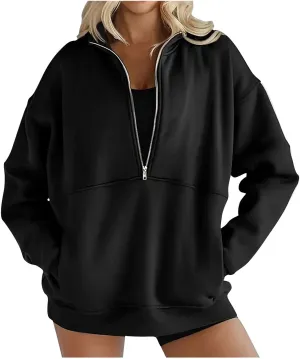 Womens 2025 Fashion Sweatshirts Oversized Half Zip Pocket Sweatshirt Casual Long Sleeve Pullover Tops