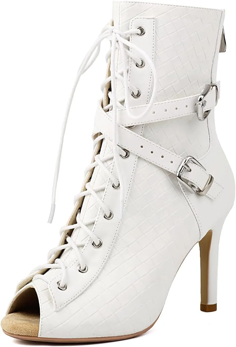 Women's Ankle Dance Boots Peep Toe Latin Salsa Ballroom Dance Shoes High Heeks