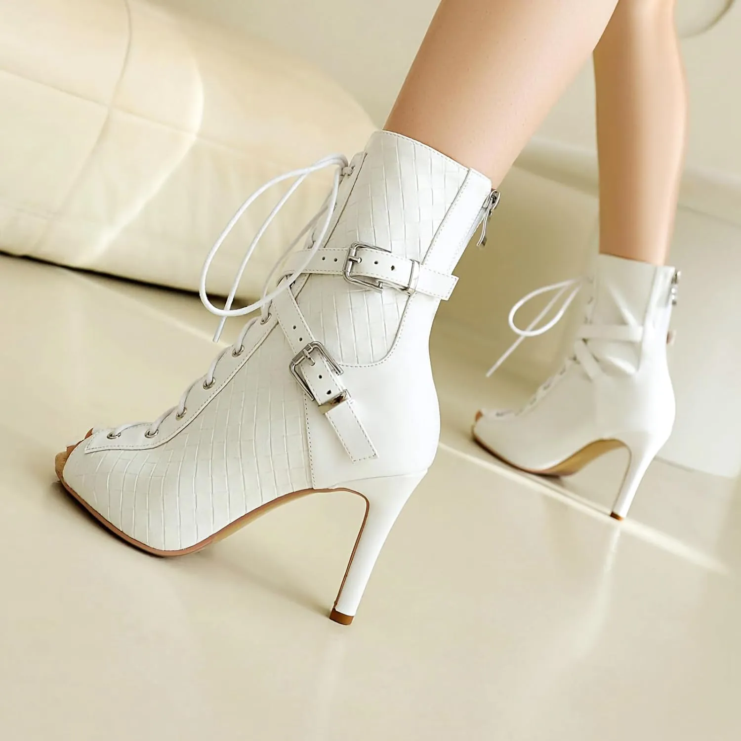 Women's Ankle Dance Boots Peep Toe Latin Salsa Ballroom Dance Shoes High Heeks