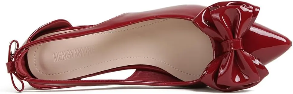Women's Bow Slingback Heels Pointed Toe Chunky Heels Pumps Dress Shoes - 1.18'' Inches Height