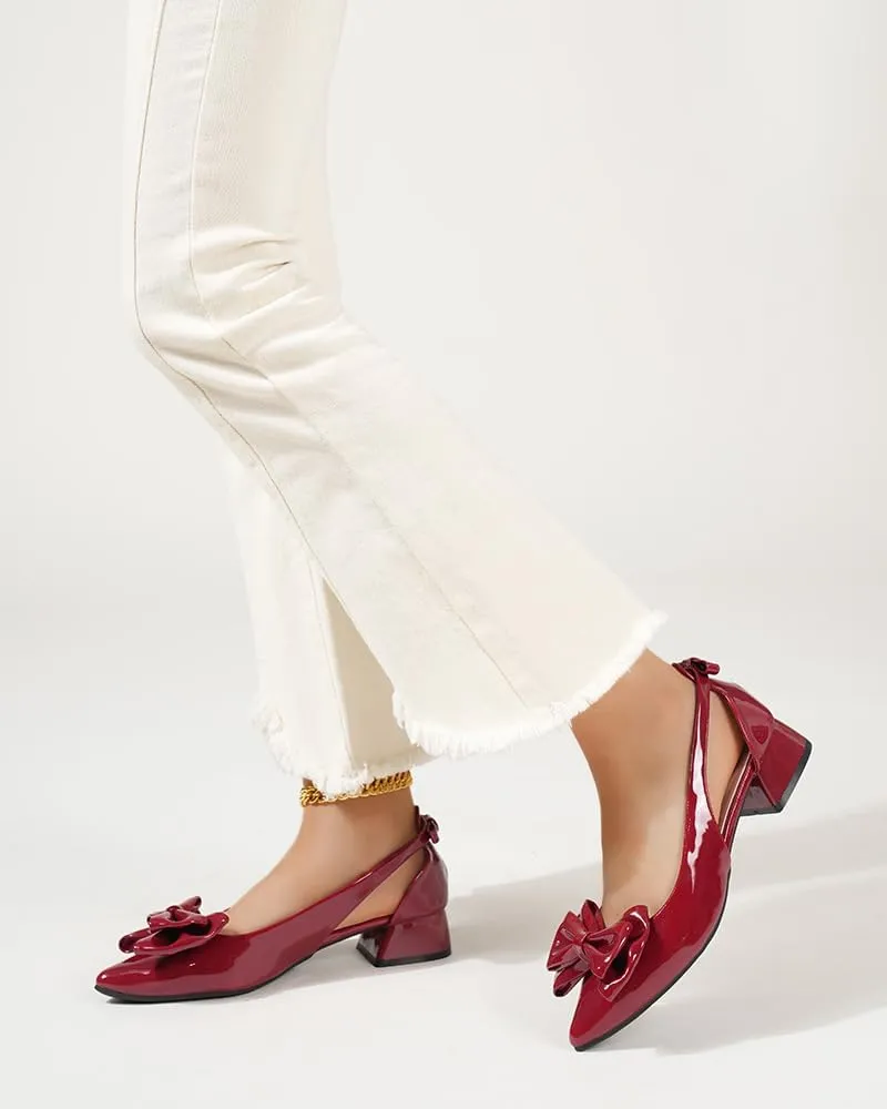 Women's Bow Slingback Heels Pointed Toe Chunky Heels Pumps Dress Shoes - 1.18'' Inches Height