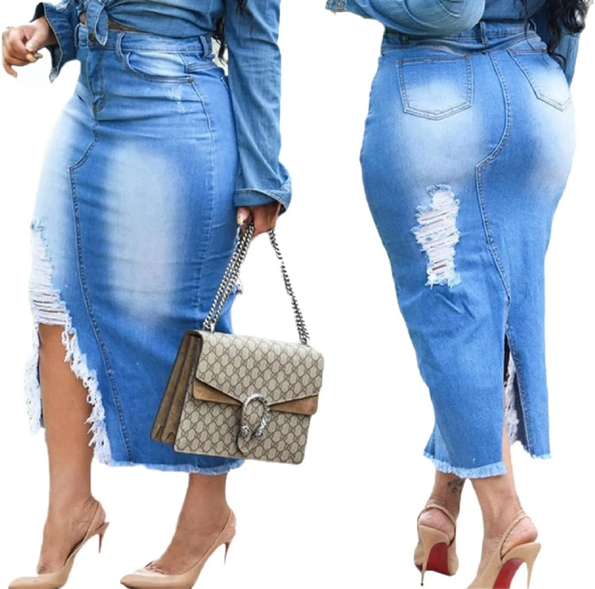 Women's Casual High Waist Stretch Denim Midi Jean Skirt with Slit Frayed Hem Blue Jean Skirt with Pockets