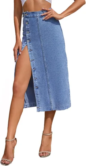 Women's Casual High Waist Stretch Denim Midi Jean Skirt with Slit Frayed Hem Blue Jean Skirt with Pockets