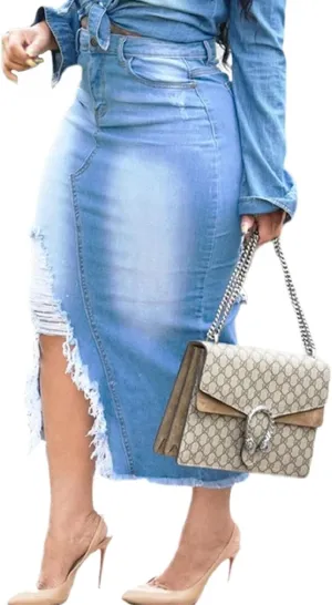 Women's Casual High Waist Stretch Denim Midi Jean Skirt with Slit Frayed Hem Blue Jean Skirt with Pockets