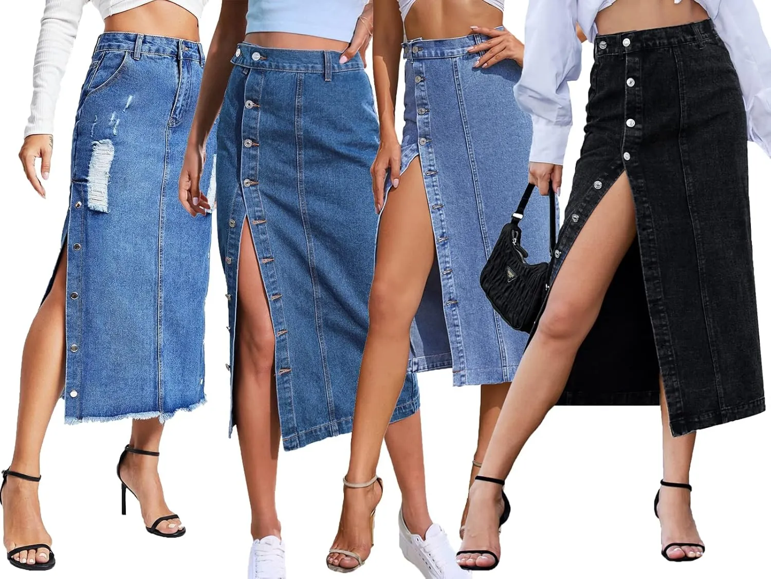 Women's Casual High Waist Stretch Denim Midi Jean Skirt with Slit Frayed Hem Blue Jean Skirt with Pockets