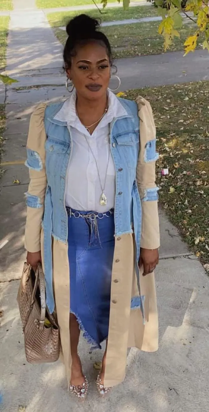 Women's Casual High Waist Stretch Denim Midi Jean Skirt with Slit Frayed Hem Blue Jean Skirt with Pockets