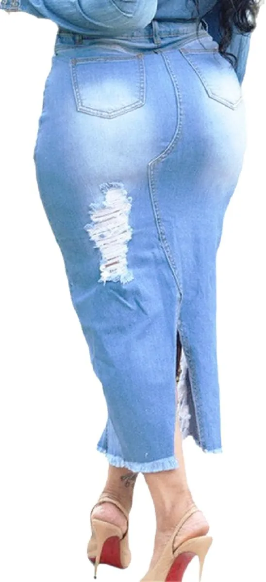 Women's Casual High Waist Stretch Denim Midi Jean Skirt with Slit Frayed Hem Blue Jean Skirt with Pockets