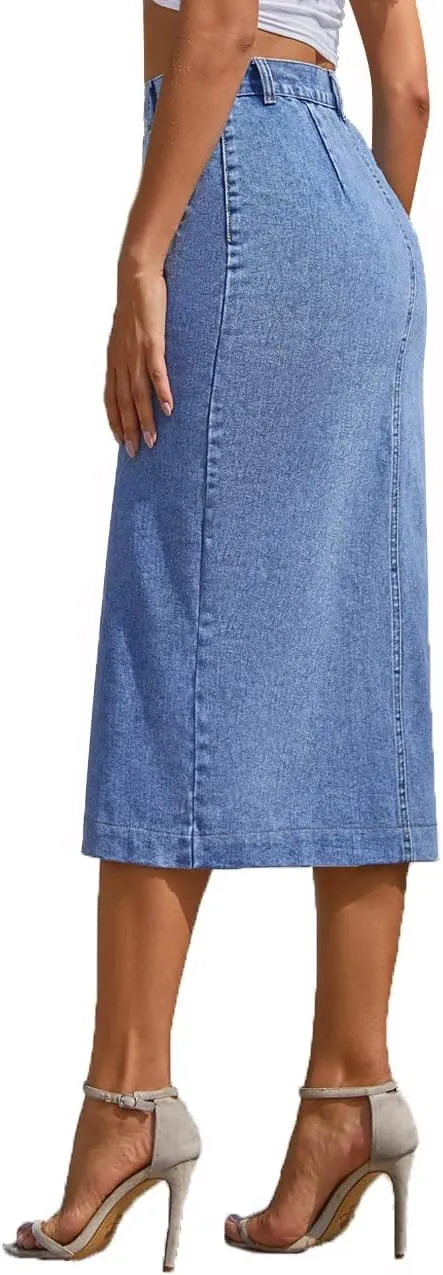 Women's Casual High Waist Stretch Denim Midi Jean Skirt with Slit Frayed Hem Blue Jean Skirt with Pockets