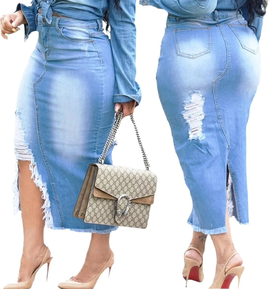 Women's Casual High Waist Stretch Denim Midi Jean Skirt with Slit Frayed Hem Blue Jean Skirt with Pockets