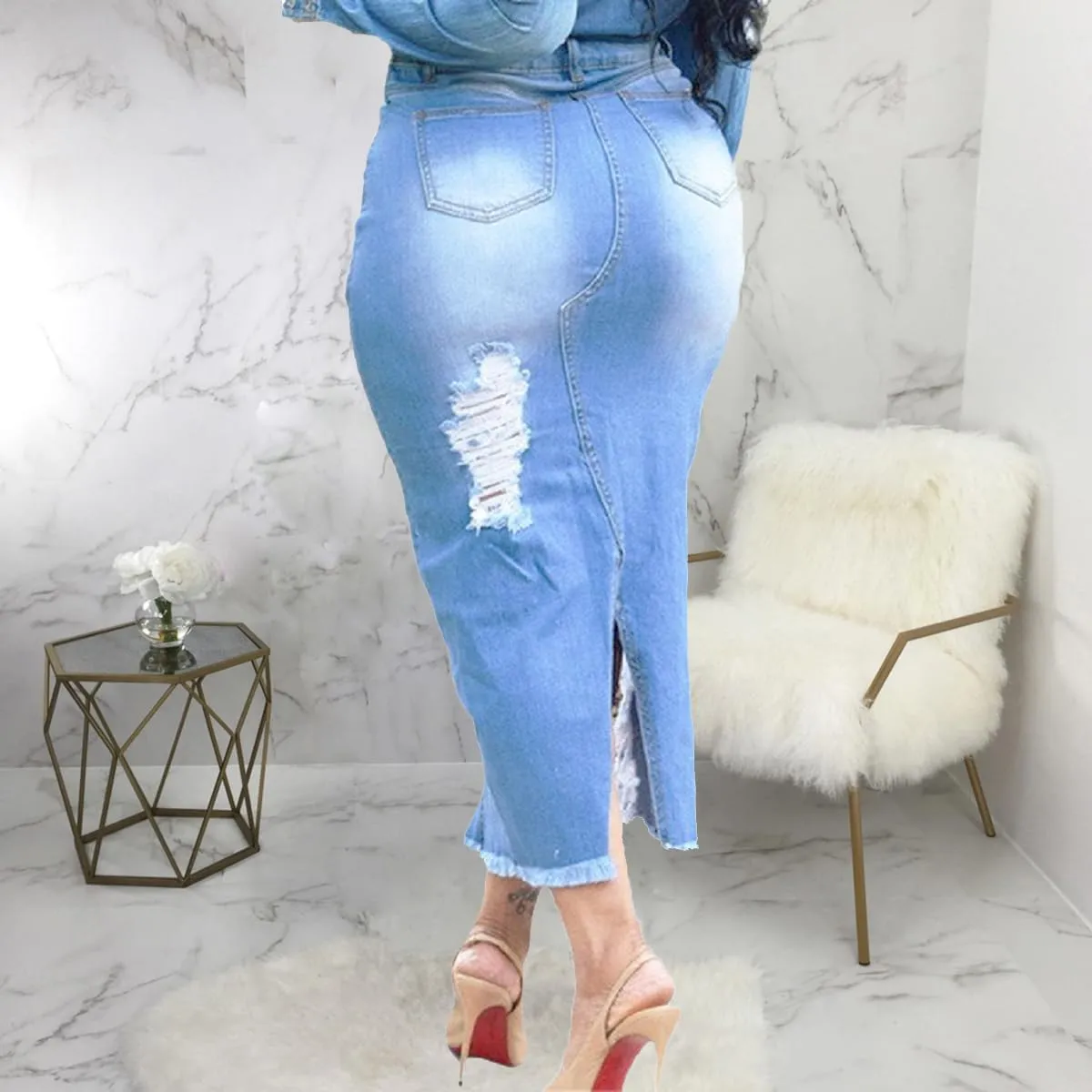 Women's Casual High Waist Stretch Denim Midi Jean Skirt with Slit Frayed Hem Blue Jean Skirt with Pockets