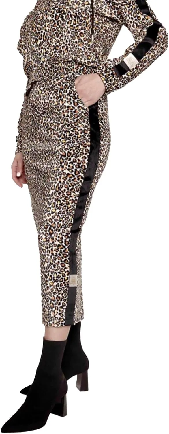 Women's Cheetah Print Maxi Skirt with Black Stripe Detail and Embroidered Logo Patch