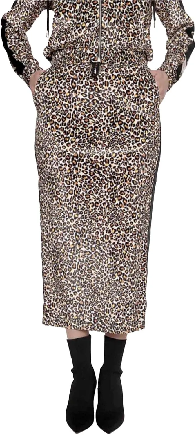Women's Cheetah Print Maxi Skirt with Black Stripe Detail and Embroidered Logo Patch