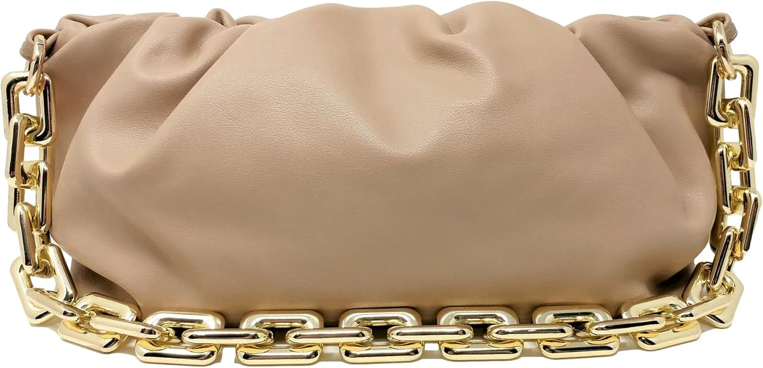 Women's Clutch Purse Bag | Cloud-Shaped Dumpling Chain Pouch | Ruched Chain Link Shoulder Handbag