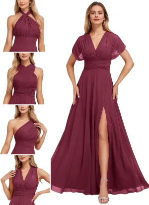 Women's Convertible Infinity Bridesmaid Dress with Slit Long A-line Chiffon Multi-Way Formal Dress