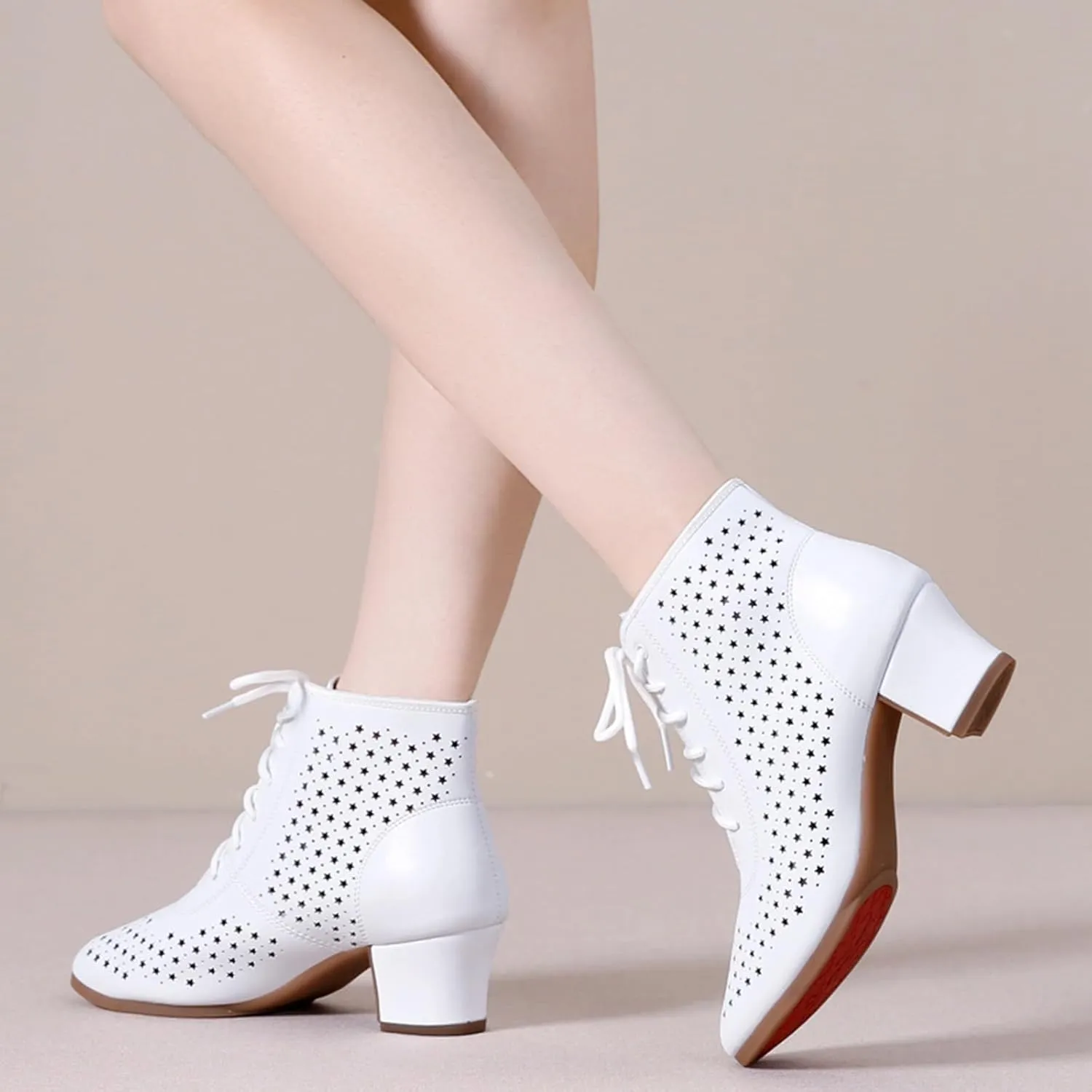 Women's Dance Shoes Leather Breathable Rubber Sole Non-Slip Ballroom Dance Pratice Shoes Training Performance Party Dance Shoes (Color : White-3.5CM/1.37In, Size : 5)