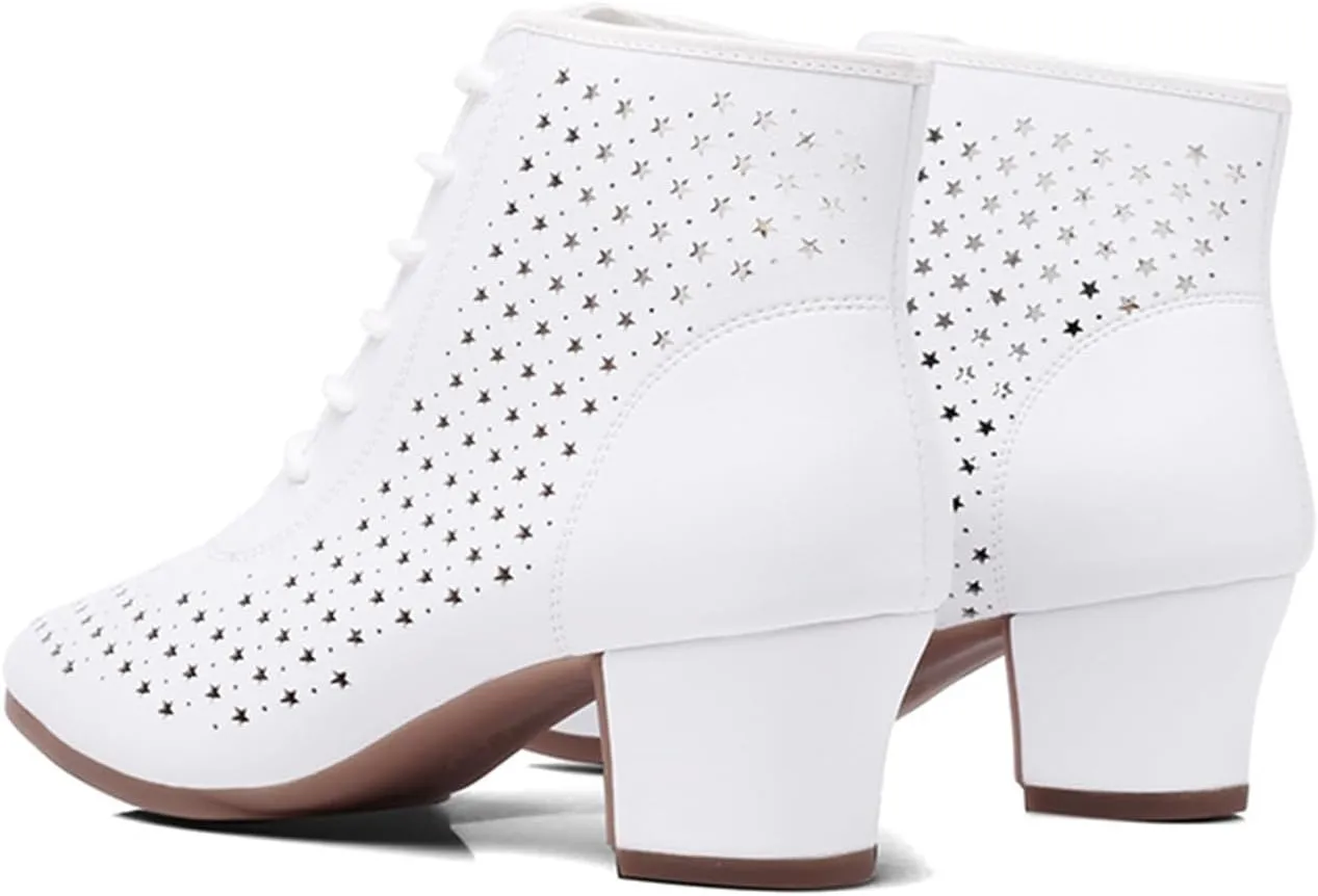 Women's Dance Shoes Leather Breathable Rubber Sole Non-Slip Ballroom Dance Pratice Shoes Training Performance Party Dance Shoes (Color : White-3.5CM/1.37In, Size : 5)