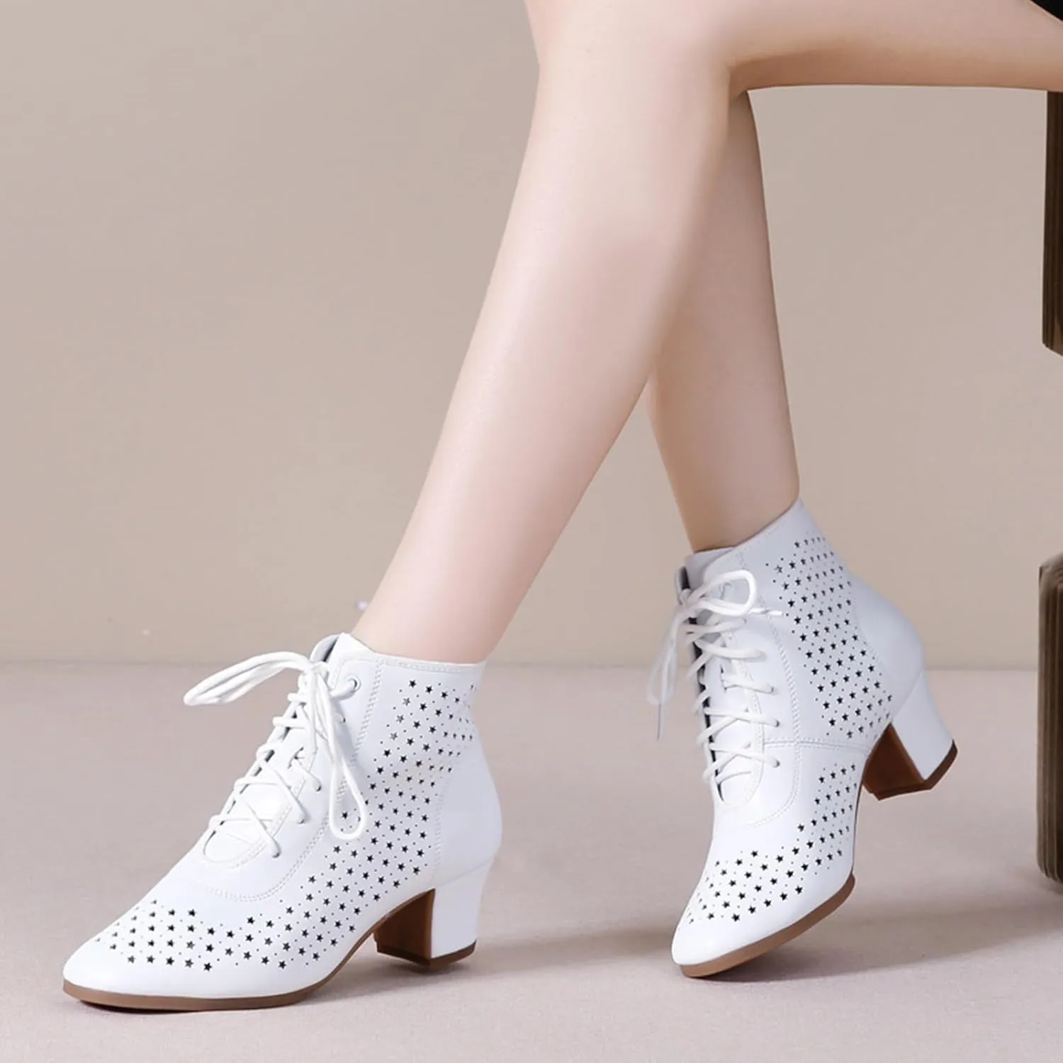 Women's Dance Shoes Leather Breathable Rubber Sole Non-Slip Ballroom Dance Pratice Shoes Training Performance Party Dance Shoes (Color : White-3.5CM/1.37In, Size : 5)