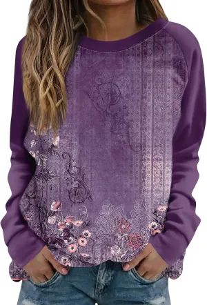 Womens Fall Fashion 2024 Floral Print Crewneck Vintage Sweatshirts Long Sleeve Plus Size Loose Fit Sweater Clothing