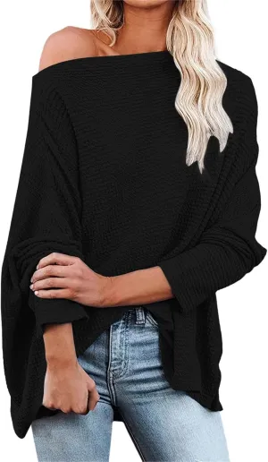 Women's Fall Sweaters 2024 Casual Long Batwing Sleeve Loose Off Shoulder Knit Pullovers Jumper Tops